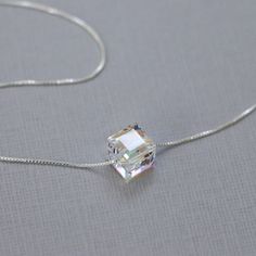 Cube Necklace, Swarovski Cube Crystal on Sterling Silver Necklace Chain, Layering Necklace, Gift for Silver Necklace Layering, Xoxo Necklace, Necklaces Layered, Birthday Necklace Gift, Cube Necklace, Casual Necklaces, Layered Necklaces Silver, Necklace Layering, Necklace Chain Lengths