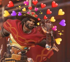 an overwatching character in fortnix with hearts and stars flying above him