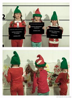 two pictures of children in elf costumes holding up signs