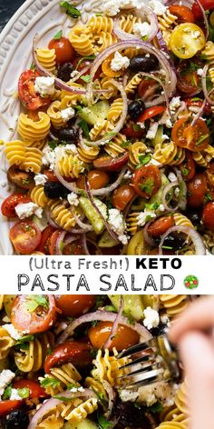 a white plate topped with pasta salad next to a hand holding a fork and the words ultra fresh keto pasta