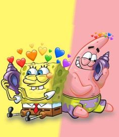 the spongebob and patrick cartoon characters are sitting next to each other with hearts on them