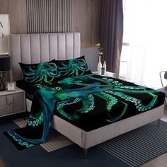 an octopus themed bed spread in a bedroom