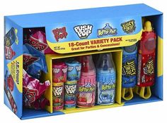 a blue box filled with lots of different flavored drinks and candy bar wrappers