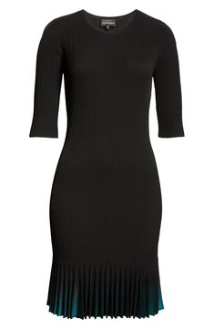 Elbow-length sleeves frame this ribbed day-to-night dress punctuated with a contrasting pleated skirt. Crewneck Elbow-length sleeves 83% viscose, 17% polyester Dry clean Imported Short Sleeve Ribbed Party Dress, Ribbed Short Sleeve Party Dresses, Elegant Short Sleeve Ribbed Bodycon Dress, Elegant Ribbed Dress For Night Out, Fitted Black Pleated Dress, Black Classic Fitted Pleated Dress, Classic Black Fitted Pleated Dress, Elegant Ribbed Mini Dress With Short Sleeves, Chic Ribbed Dress For Formal Occasions