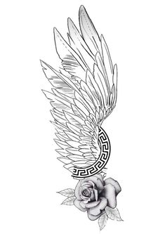 an artistic tattoo design with wings and roses on the left side of the image is black and white