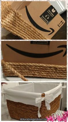 three different pictures showing how to make a basket out of rope