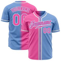 Custom Light Blue Pink-White Authentic Fade Fashion Baseball Jersey Cheap Blue Baseball Jersey, Blue Baseball Jersey For Baseball Season, Customizable Blue Varsity Jersey, Blue Jersey With Baseball Collar, Blue Baseball Jersey With Baseball Collar For Team Events, Blue Baseball Jersey With Collar For Team Events, Blue Jersey With Letter Print For Baseball Season, Blue Letter Print Jersey For Baseball Season, Blue Baseball Jersey With Team Name For Game Day