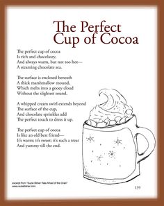 the perfect cup of cocoa is shown in this black and white book with an image of a