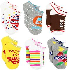 Topps Charms Candy Tootsie Roll Womens 6 pack Socks (Shoe: 4-10 (Sock: 9-11) #topps #charms #candy #womens #teen #socks #noshow #noshowsocks #candysocks #candyclothing #amazon #shopamazon #amazonprime #yankeetoybox Fun Socks For Kids, Candy Clothes, Charms Candy, Junior Mints, Tootsie Pop, Halloween Socks, Tootsie Roll