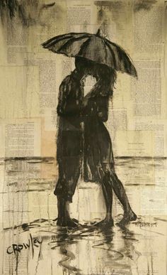 two people standing under an umbrella in the rain on a newspaper page with words written underneath