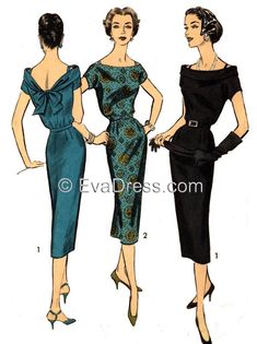 "10-piece hand-drafted pattern originally by Advance, 'Sheath with easy-fitting bodice has slim skirt. Wide neckline in front goes just slightly off shoulder and plunges to V in back. Narrow string shoulder straps. Style 1 has bias roll collar ties in bow at back, Style 2 is collarless'. Hand-drafted pattern in size 18 fitting 38\" bust, 30\" waist & 40\" hip. 5/8\" seams are given. All of my patterns are full size on 18-lb translucent bond paper and in stock as I print them on demand. This Cocktail Dress Patterns, Slim Skirt, Vintage Dress Patterns, Fashion 1950s, 1950s Style, Retro Mode, Couture Vintage, Moda Vintage, 50s Fashion