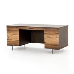 the desk is made from wood and has two drawers on one side, with metal legs