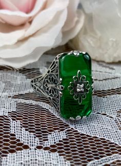 Emerald Green Stone Glass Ring/Sterling Silver/Embellished Emerald Green Stone Glass & CZ, Intricate Grace Filigree [Custom Made] Design#233