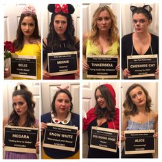 six pictures of women holding signs with different expressions on them, including one saying snow white and the other saying minnie