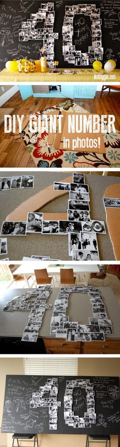 the diy giant number is made out of old photos and then put on a chalkboard