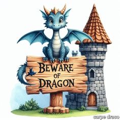 a sign with a dragon sitting on top of it next to a castle and building