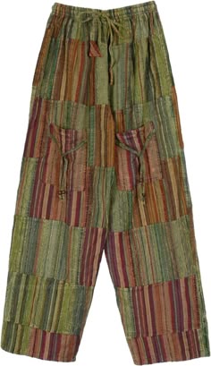 A soft and beautifully textured, breathable stonewashed cotton trouser pants that is made from patches of striped fine quality fabric.  These straight leg trousers have 2 front pockets, 2 inner pockets and a back pocket; the waist has elastic and a drawstring for flexibility. #tlb #SplitSkirtsPants #Patchwork #Stonewash #Striped #bohemianfashion #Greencottonpants #patchworkpants #unisexbohopants Bohemian Striped Cotton Pants, Batik Pants, Green Cotton Pants, Patchwork Pants, Hat Aesthetic, Cotton Cargo Pants, Hippie Clothes, Hippie Pants, Hippie Look