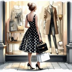 a woman standing in front of a store window holding a purse and looking at mannequins