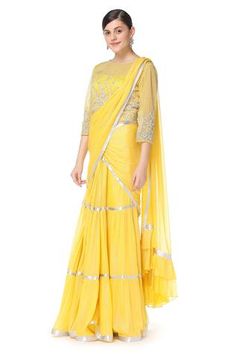 Shop for Rabani and Rakha Yellow Georgette Tiered Lehenga Saree With Blouse for Women Online at Aza Fashions Tiered Lehenga, Lehenga Sari, Hand Embroidered Blouse, Net Blouses, Yellow Saree, Embroidered Lehenga, Lehenga Saree, Blouse For Women, Embroidered Neckline