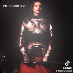 a man dressed as a knight standing in front of a dark background with the caption i'm crucified