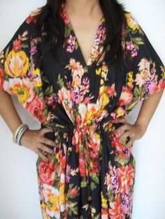 Floral Kaftan  Caftan Perfect long dress  For to be by JustCottons V-neck Floral Print Festival Cover-up, Tropical V-neck Beach Dress For Festival, Bohemian V-neck Cover-up With Tropical Print, Bohemian V-neck Tropical Print Cover-up, Bohemian Black Short Sleeve Cover-up, Black Beach Dress For Spring Festival, Floral Print Tunic Kaftan For Beach, Floral Print V-neck Kaftan For Beach, Black Bohemian Kaftan With Floral Print