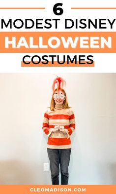 a girl wearing a halloween costume with the words 6 modest disney halloween costumes on it