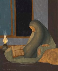 a painting of a person sitting in front of a window with a book on their lap