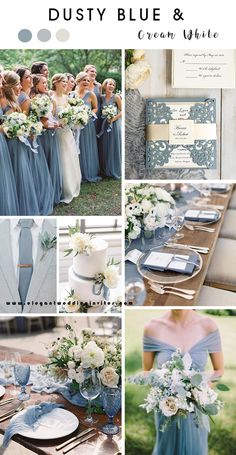 blue and white wedding color palettes for the bride's gown, flowers, and cake