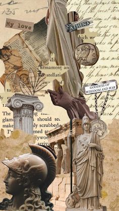 the collage is made up of many different things including statues, letters and symbols