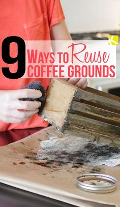 a woman in an orange shirt and white gloves is using a grout to remove coffee grounds