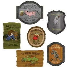 four wooden signs with different types of animals and people on them, all painted in different colors