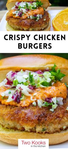 crispy chicken burgers with lettuce and tomato slaw