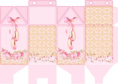 three pink gift boxes with ballet shoes on the front and bottom, one is empty