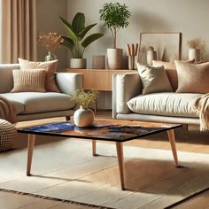 a living room with couches, tables and potted plants on the wall behind them