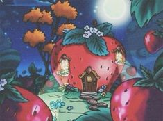 an image of a strawberry house in the forest with trees and flowers on it's side