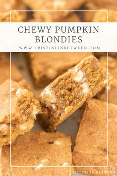 Blondies laying on a plate with one sideways showing the inside detail. Pumpkin Blondies Recipe, Cereal Treat Recipes, Pumpkin Blondies, Cereal Treats, Blondies Recipe, Holiday Dessert Recipes, Delectable Desserts, Sweet Treats Recipes, Scrumptious Desserts