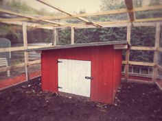 a red shed with a white door in the middle of some dirt and fenced in area