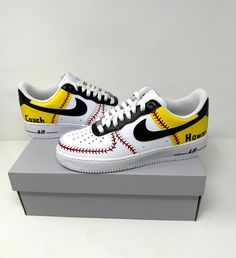 Get ready to rock a pair of these custom Air Force 1s! They are each individually made with impeccable craftsmanship.  -Shoes are authentic, brand new in box purchased especially for you -Each pair is hand pained from start to finish -All shoes are painted with the best quality paints -Each pair is sealed with high quality sealant that is both water and scratch proof  -While each pair is based off of a similar design, each one is just a little different and unique making it one of a kind -All sh Softball Shoes, Custom Sneakers Diy, Painted Nikes, Custom Softball, Custom Painted Shoes, Custom Shoes Diy, Painted Sneakers, Air Force 1s, Baseball Shoes