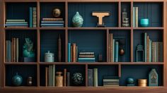 a book shelf filled with lots of books and knick knacks on top of it