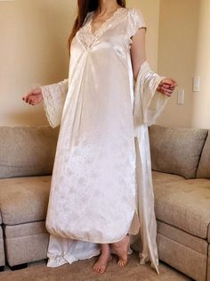 Christian Dior Long Ivory Nightgown and Robe Set/Size M/Sexy/Lacy/ Negligee/Dressing Gown/Lingerie Set/Bridal/Wedding/Gift Set Pristine Condition. Very rare to find a set from the 1959 Year with the Nightgown and Robe with matching belt in this excellent like new condition. You could give this as a Bridal Gift for the Wedding Night or as part of the Honeymoon Trousseau. Model is a size Medium and is 6 Feet Tall. This set would easily fit a large also. As always, shipping is free in the US on ord Cream Wedding Night Gown With Lace Trim, Cream Floor-length Gown For Wedding Night, Cream Lace Wedding Nightgown, Wedding Cream Lace Nightgown, Floor-length Lace Trim Nightgown For Wedding, Floor-length Wedding Nightgown With Lace Trim, Elegant Cream Wedding Nightgown, Cream Lace-trim Sleepwear For Wedding, Cream Wedding Sleepwear With Lace Trim