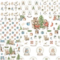 a christmas themed wallpaper with teddy bears and other holiday decorations on white background, including snow globes