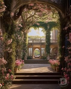 an archway with flowers and greenery leading to the front door of a building that is surrounded by stairs