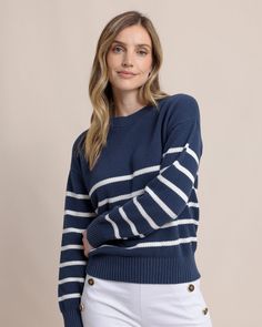 The front view of the Southern Tide Haisley Stripe Crew Neck Sweater by Southern Tide - Dress Blue Striped Sweater For Workwear In Fall, Striped Sweater For Work In Fall, Navy Sweater With Ribbed Cuffs For Spring, Fall Workwear Sweater With Striped Hem, Striped Ribbed Cotton Sweater, Striped Cotton Sweater With Ribbed Detail, Cotton Sweater With Striped Hem For Fall, Striped Cotton Sweater For Fall, Striped Relaxed Fit Sweater For Layering