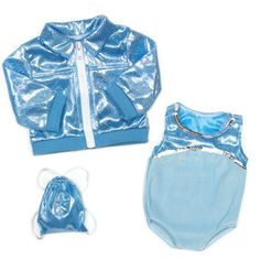 INCLUDED: This cozy 3-piece gymnast outfit set features a glittery aqua leotard, jacket and drawstring bag. HIGH QUALITY DETAILS: The aqua leotard is made of a soft velour fabric with silver sequin detailing and a shimmering blue bodice. The zip-up jacket features a collar and cotton ribbed cuffs. The bag includes a drawstring and star detail made out of silver gems. MADE FOR 18" DOLLS: Perfect for Sophia's dolls, American Girl dolls, My Life As dolls, Our Generation dolls, plush friends, and mo Kids Gymnastics, Aqua Blue Color, Our Generation Dolls, Gymnastics Outfits, Velour Fabric, Simple Outfit, Boy Accessories, Child Doll, Gymnastics Leotards