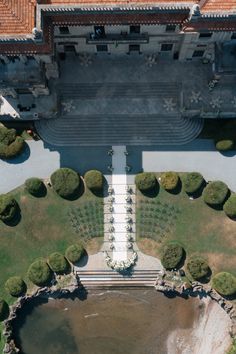 an aerial view of a building with many chairs