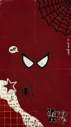 a red spider - man poster with white eyes and black writing on the bottom half of it