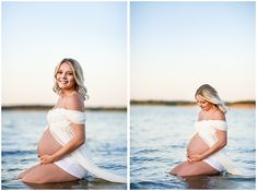 a pregnant woman sitting in the water with her belly wrapped around her waist and smiling at the camera