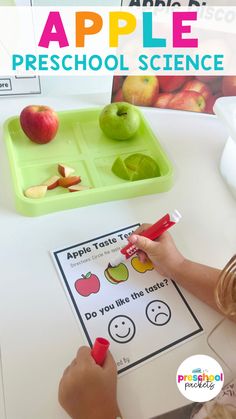 an apple preschool science activity with apples on the tray, and a child's hand writing