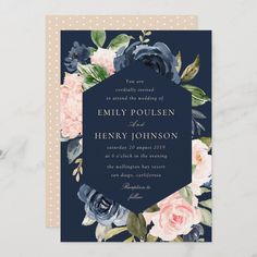 an elegant navy blue and pink floral wedding card with polka dots on the border is shown