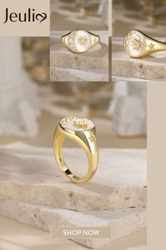 The crescent moon and star is one of our world's most ancient symbols, combining powerful icons joining man and woman. The star represents the female principle, and celebrates the cosmic powers of the love Goddesses Venus. This signet ring captivates us with its sparkling diamond and gold tone details. We love that it is bursting with celestial wonder! White Rings With Sun And Moon Design As Gift, Elegant Star-shaped Signet Ring For Gift, Cosmic Powers, Love Is The Greatest, Crescent Moon And Star, The Greatest Gift, Sparkling Diamond, Ancient Symbols, Moon And Star